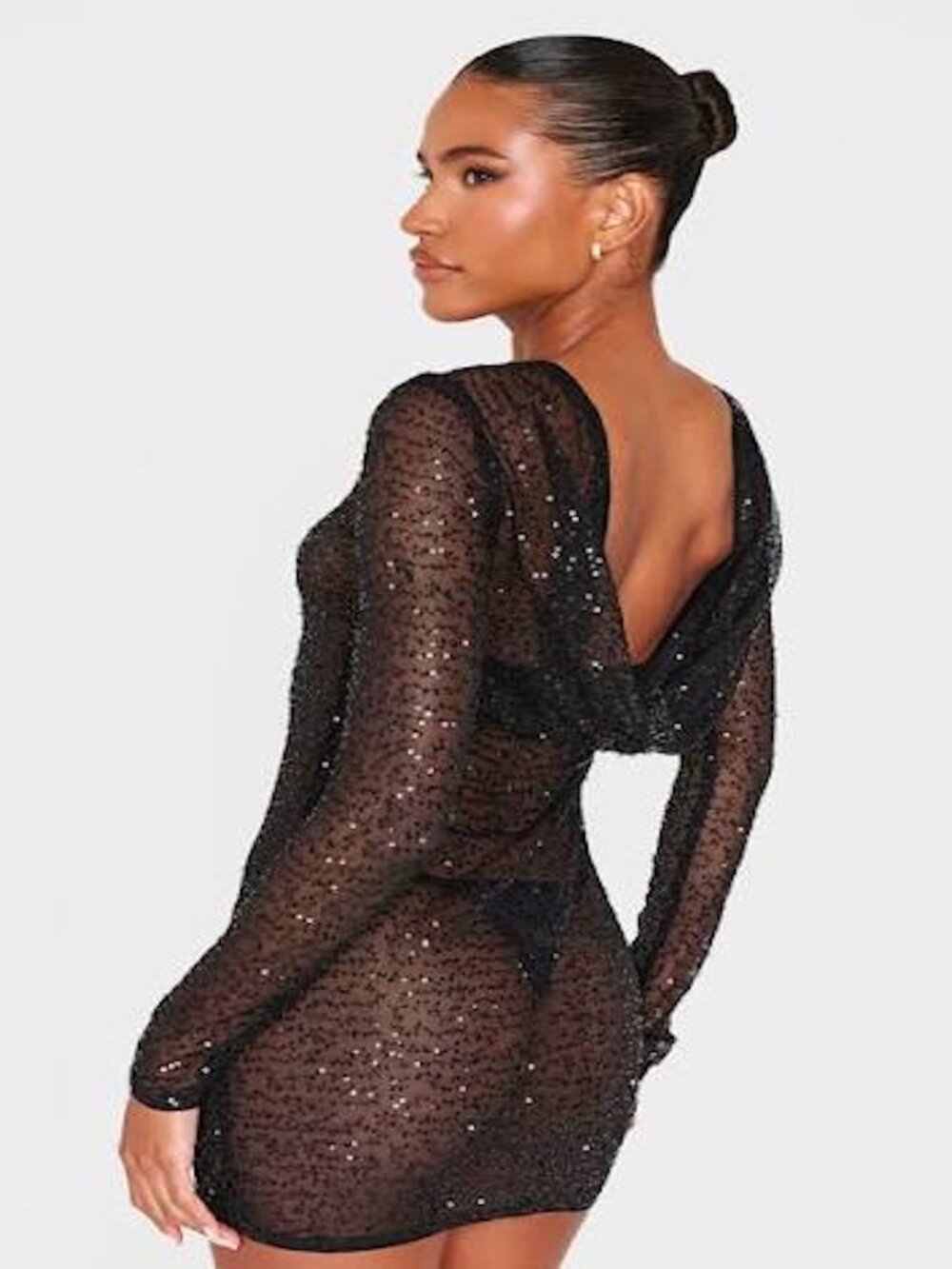 Pretty Little Thing sequin sheer cowl back dress, black, Size 10, NWT